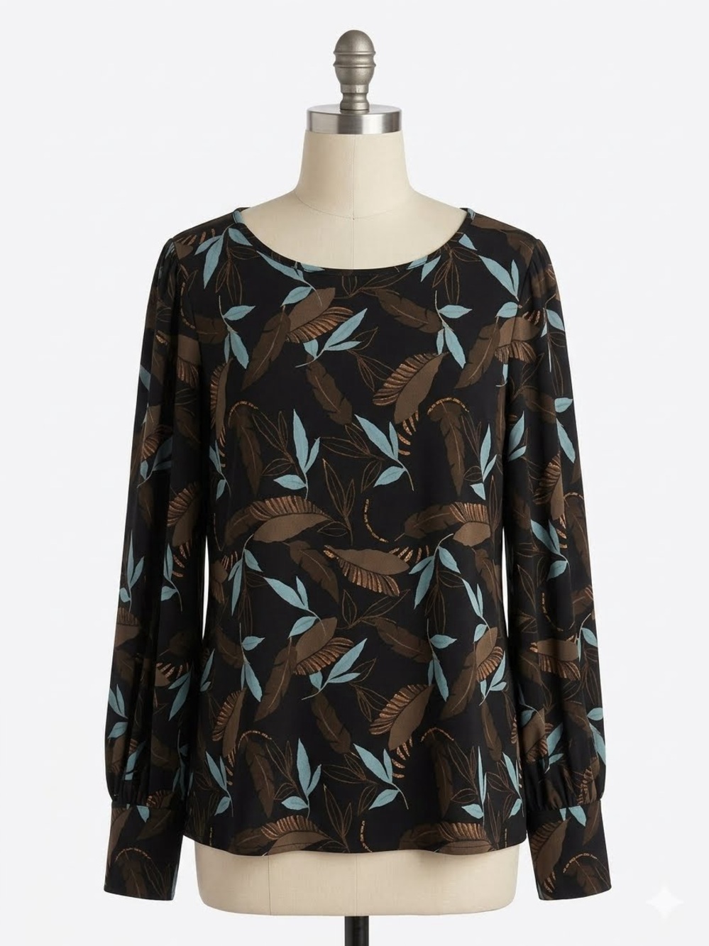 Tahari Black Floral Leaf Blouse with Brown and Light Blue Print, Size XL